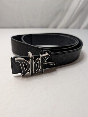 Dior Black Leather Belt with Silver Logo Buckle